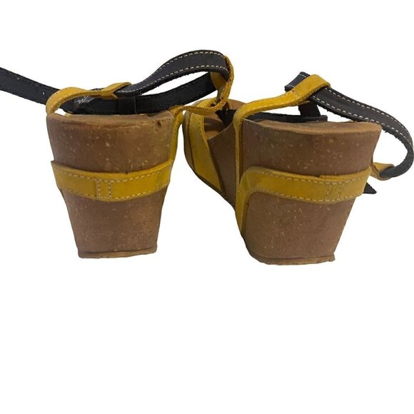 BioNatural by Bos & Co Wedge Sandals Blue & Mustard Yellow Leather Cork Size 9 - Picture 2 of 11